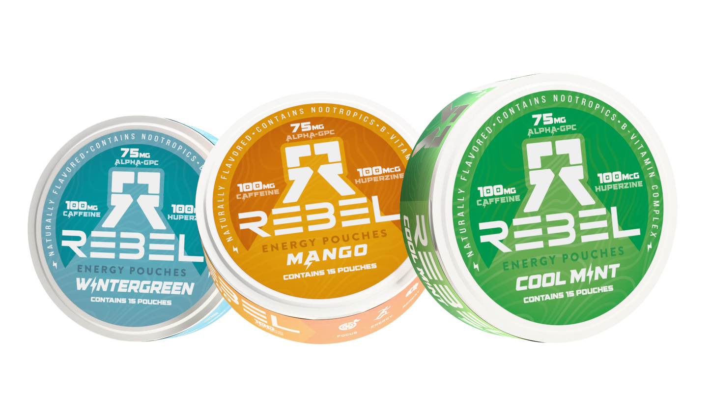 Rebel Energy Caffeine Nootropic Pouches for Energy & Focus • Sugar-Free with 100mg Caffeine, Alpha-GPC, Huperzine A, Vitamins B1, B6, B9 • 15 Pouches Per Can
