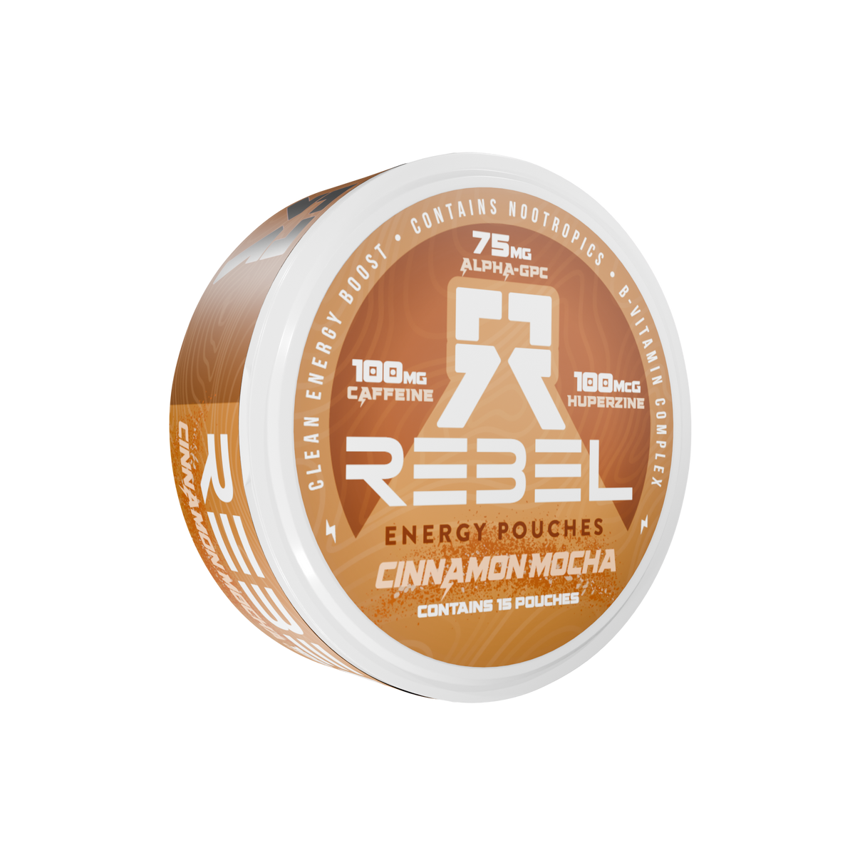 Rebel Energy Caffeine Nootropic Pouches for Energy & Focus • Sugar-Free with 100mg Caffeine, Alpha-GPC, Huperzine A, Vitamins B1, B6, B9 • 15 Pouches Per Can