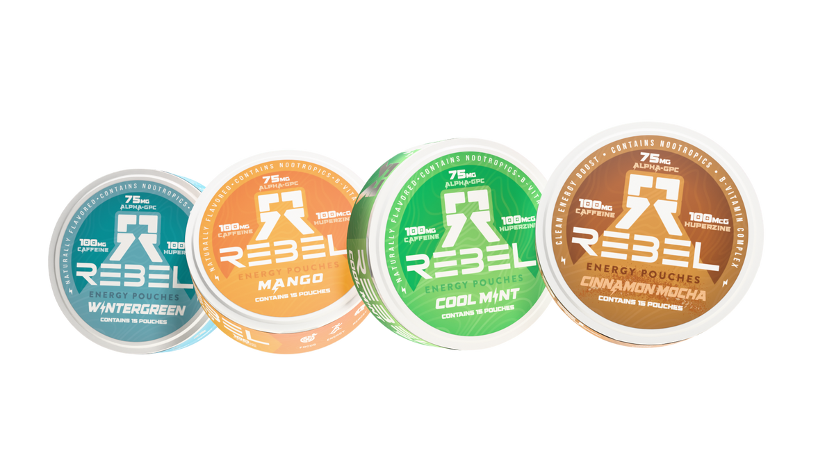 Rebel Energy Caffeine Nootropic Pouches for Energy & Focus • Sugar-Free with 100mg Caffeine, Alpha-GPC, Huperzine A, Vitamins B1, B6, B9 • 15 Pouches Per Can